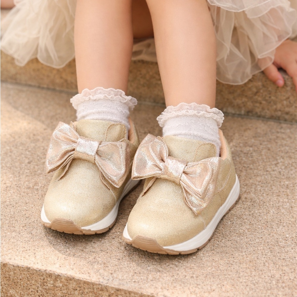 Gold Sneaker with Bow and Shimmer